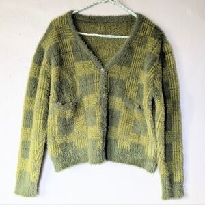 Plaid Fuzzy Button Up Cardigan Hippie Mohair Checkered V-Neck Pocket Knitted MD